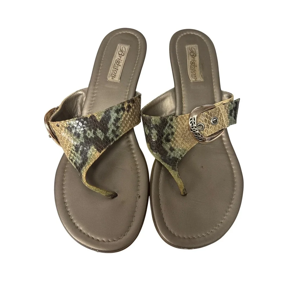 Brighton Snakeskin-Pattern Wedge Sandals in Tan and Green